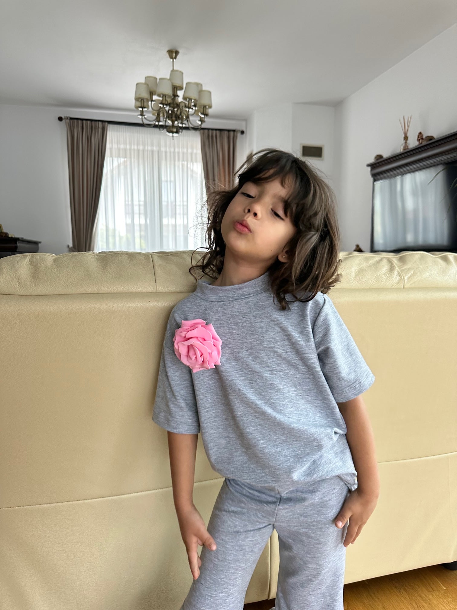 Tricou Flower Girl - pentru fete - Alb/ Negru/ Gri